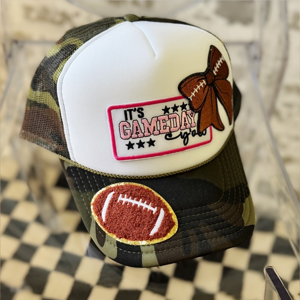 Game Day Bow Trucker Hat – Football Snapback Camo Hat